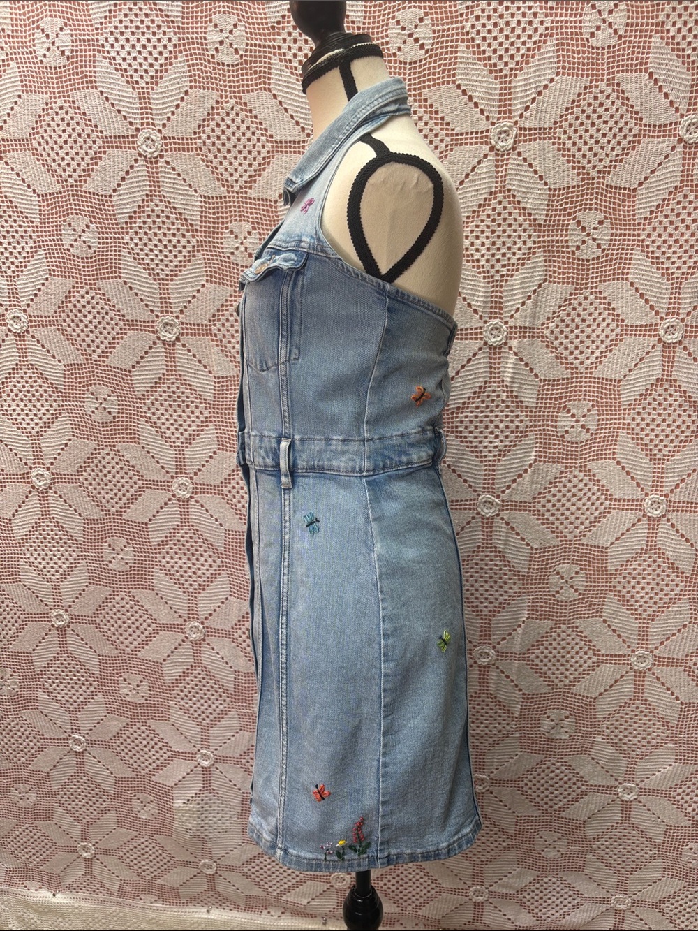 Embroidered Denim Halter Mini Dress Backless Button Front - Picture 4 of 8